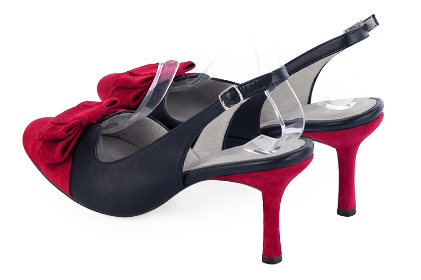 Cardinal red and navy blue women's open back shoes, with a knot. Round toe. High slim heel. Rear view - Florence KOOIJMAN